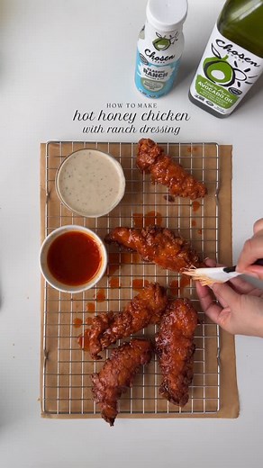 Iram Mansoor on Instagram: "These hot honey chicken tenders paired with @chosenfoods classic ranch dressing are the perfect flour combination made with 100% pure avocado oil and real simple ingredients you can feel good about. #ChosenPartner Ingredients For the chicken: 1 lb. chicken tenders 2 cups butter milk 1/3 cup hot sauce 4 tbsp pickle juice Salt to taste 1 tbsp smoked paprika powder 1 tsp red chili powder 1 tsp black pepper powder 1 tbsp garlic powder Chosen foods avocado Oil for frying F
