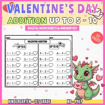 Valentine Addition Worksheets | Up to 5 & Up to 10 | No Prep Math | Kindergarten