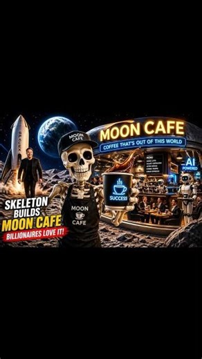 Skeleton Builds a Moon Café & Becomes Billionaire🚀☕|Elon Musk Visits!|#aiskeleton#cafeonmoon#aivideo