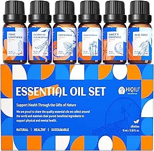 HIQILI Essential Oils for Diffusers for Home，Top 6 Gift Essential Oil Set，Include Lavender, Orange, Peppermint, Tea Tree, Eucalyptus, Lemongrass，Beginner Kit（10ML*6）