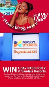 🍫Enjoy your favorite Kit Kat treats and stand a chance to win a luxurious day pass for two at Sandals Grande Resort! 🌴✨ Simply purchase $10 or more of Kit Kat products and swipe your massy card, you could be one of our four lucky winners. Don't miss out on this sweet opportunity! 🍫🍫 #MassyStores #KitKat #SandalsGrande #SweetEscape #Promotion #WinWithKitKat #saintlucia | Massy Stores SLU