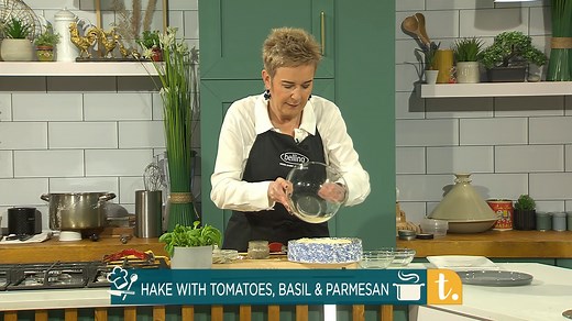 Gratin of Hake with Tomatoes, Basil and Parmesan by Eunice Power Outside Catering brought to you by Belling Ireland Recipe & Method below 👇 For all of the Today show recipes and hundreds more please visit RTE.ie/Food INGREDIENTS 4 Ripe plum tomatoes sliced. 1 large cloves of garlic peeled and grated 4 x 150g Hake fillet, skin and bones removed. A hand full of basil leaves, some basil leaves for serving 100ml cream 50g parmesan grated. 75g Panko breadcrumbs Freshly ground salt and pepper METHOD 
