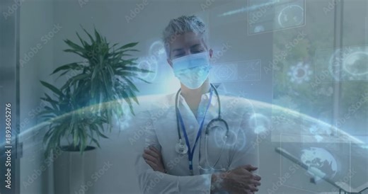 Senior female doctor standing in medical office, projecting digital health charts and glowing globe