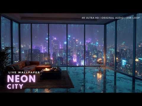 Neon City Rain | 4K Ambient Live Wallpaper (2 Hours Rain Soundscape)