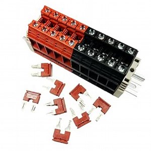 Dinkle Assembly Kit DK16N Red/Black 10 Gang Box Connector DIN Rail Terminal Blocks, 3-14 AWG, 100 Amp, 600 Volt 8 Jumpers Included