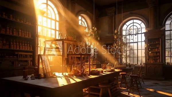 Magic laboratory with objects and experiments with huge windows