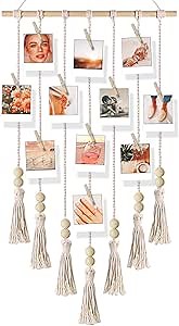 Hanging Photo Display Boho Macrame Wall Decor Room - Collage Picture Frame Hanging Card Holder for Bedroom - Teen Girl - 20 Clips - Pictures for Dorm Wall Decor