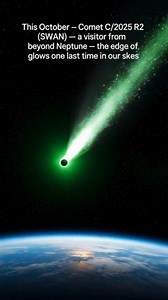 A real cosmic visitor is on its way. This October, skywatchers could witness Comet C/2025 R2 (SWAN)—a newly discovered comet from the frozen edge of the Solar System. For mid to late October, look above the west-southwestern horizon just after sunset: if predictions hold, SWAN may glow at magnitude 5–6, visible to the naked eye under truly dark skies. Watch for a soft green coma and a shimmering tail streaking through the night, visible even without binoculars. This ancient wanderer brings ices 