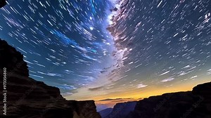 Long exposure reveals colorful star trails filling the night sky above a vast desert canyon as the last light from the setting sun illuminates the horizon