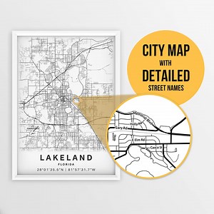 Printable Map of Lakeland, Florida, USA With Street Names - Instant Download \ City Map \ Travel Gift \ City Poster \ Road Map Print - Etsy