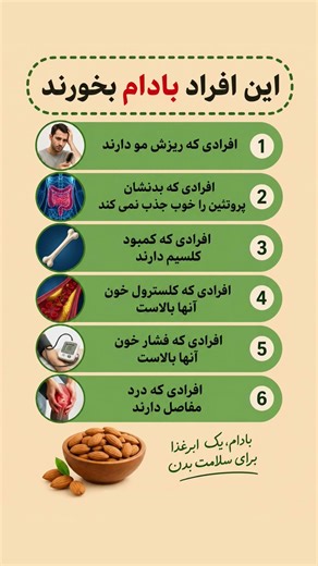 6 گروهی که باید هر روز بادام بخورن 😳🥜 #بادام #سلامتی #تغذیه #خواص_بادام