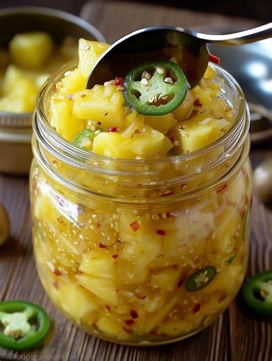 Spicy Sweet Pineapple Relish Ingredients → Main Ingredients 3 cups fresh pineapple, diced 1 cup jalapeño peppers, thinly sliced → Liquid Base 1 cup apple cider vinegar 2 cups granulated sugar 2 tablespoons lemon juice → Seasonings 1 teaspoon mustard seeds ½ teaspoon turmeric powder ..... Fυll ᖇecίpe in Coʍmеոτ 💬 | Homemade Recipes