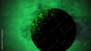 CGI Zoom in by green alien planet in front of green nebula, space, wide view