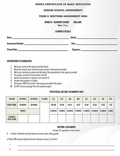 Grade 10 Business Studies Mid Term 2 2026 Exam