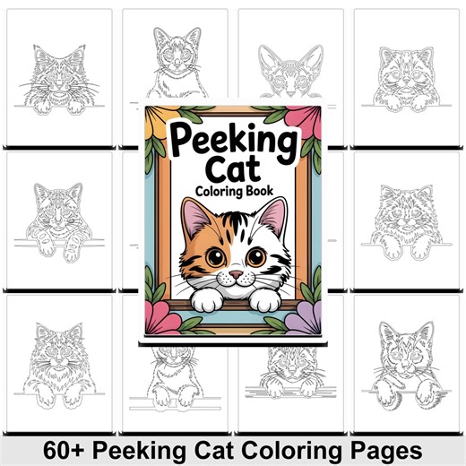 Peeking Cat Coloring Pages PDF • 60  Cute Cat Outline Designs • Fun Kitty Coloring Book Printable • Kitten Color Page Instant Download - Etsy