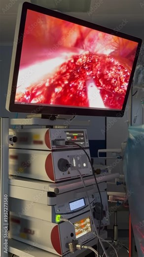 Medical monitor displays endoscopic view as instrument works inside tissue. Surgical team guides tool tip adjusting controls to stop bleeding