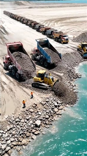 Massive Dump Truck Convoy Building a Coastal Embankment with Bulldozer Support