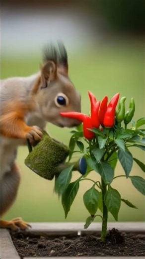 Squirrel watered the red chilli plant and saved it from drying up