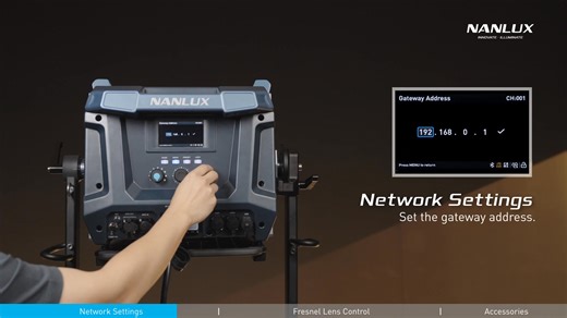 🎥 Evoke 5000B operation tutorial video now live! Get guided through every detail of using the Evoke 5000B, helping you get started quickly and master its operation. 💡 Part 4 – Network Settings, Fresnel Lens Control, Accessories The Evoke 5000B features a complete NL Mount accessory ecosystem, compatible with most accessories for the Evoke 2400B. The newly motorized Fresnel lens 16°-50° (FL-45E) supports multiple motorized control methods, effectively enhancing the fixture’s output while provid