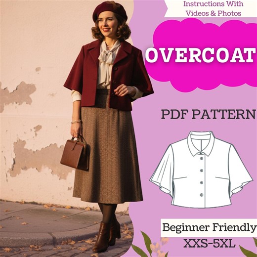 Flutter Sleeve Coat Sewing Pattern – Vintage Short-sleeve Overcoat (PDF, A4/letter   A0, XXS–5XL) - Etsy