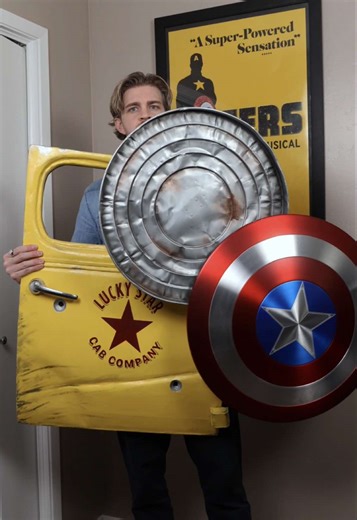 Endgame broken shield? Stealth shield? Heater shield? Help me decide in the comments which one to add next. The trash can lid was purchased from @WebstaurantStore and then weathered and painted by me. Taxi door is fully handcrafted by me out of styrofoam. Classic shield is from @comicsandwiches #captainamericashield #shield #steverogers #steverogerscosplay #marvelcinematicuniverse