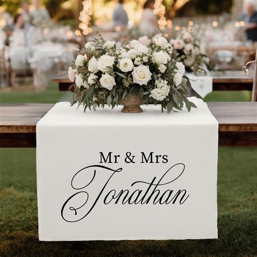 Personalized Linen Wedding Table Runner – Custom Just Married Banner, Rustic Wedding Decor, Bridal Shower & Reception Table Accent 1263JI0 - Etsy