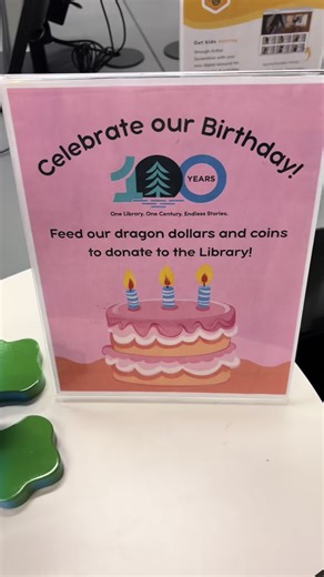 Our dragon is hungry for change! Feed it in the youth department to help us raise funds for our library’s 100th birthday 🐲💯 #dragon #100thbirthdaycelebration #publiclibrary #kids #sparechangeanyone