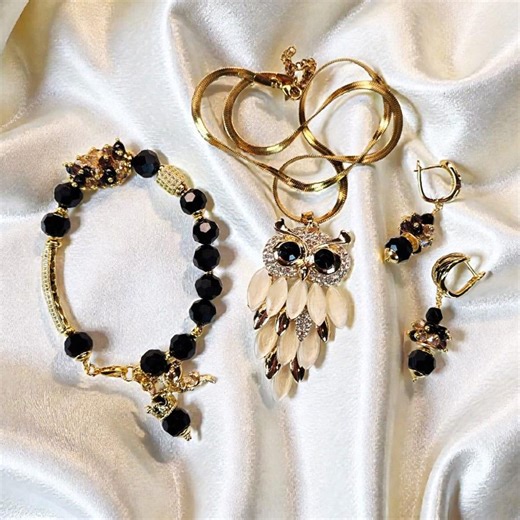 Owl Pendant Jewelry Set Gold Color Boho Necklace Matching Bracelet & Earrings - Etsy