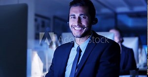 Call center, night and business man on computer for communication, stock market advice and information. Face of online agent, consultant or software advisor with trading support, help or office chat