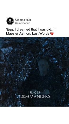 “Egg, I dreamed that I was old…” are Maester Aemon Targaryen’s last words as he dies at Castle Black, calling out to his younger brother Aegon V (“Egg”) from the Dunk and Egg/A Knight of the Seven Kingdoms days. The line hurts so much because, in that moment, the blind, frail centenarian at the Wall is mentally back to being a young prince beside his beloved brother, everything in between, a lifetime of duty, loss, and exile, feels like a long, sad dream he’s finally waking up from. via @scenexe