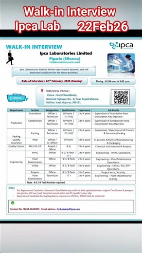 Walk-in Interview I Ipca Lab| 220226 #job #pharma