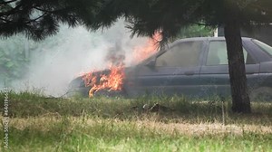 Nilufer, Bursa which is a city located in the Marmara Region of Turkey. August 2023. Burning car in Ihlamur Street, People extinguish a burning car, editorial moment in Turkey