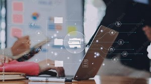 Document management concept. Virtual screen icons Document Management System DMS Online document database, software for efficient archiving, searching and management of company files and data.