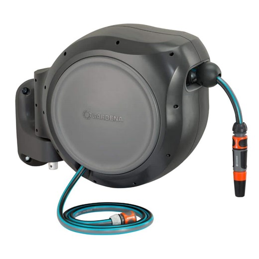 Check The Home Depot's Q&A Before Buying: GARDENA 100 ft. Wall Mounted Retractable Hose Reel for Storage with Automatic Lock and Spring Loaded Hose Retraction