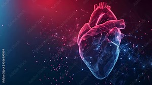 An abstract 3D graphic design of a heart with blue and red hues interlacing, set against a dark backdrop, exuding a mix of emotion, healthcare, and digital artistry.