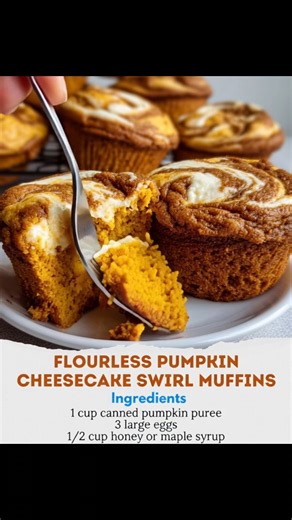Flourless Pumpkin Cheesecake Swirl Muffins Ingredients: - 1 cup canned pumpkin puree - 2 large eggs - 1/2 cup maple syrup or honey - 1 tsp vanilla extract - 1/2 cup almond butter or other nut butter - 1 tsp baking powder - 1/2 tsp cinnamon - 1/4 tsp nutmeg - 1/4 cup cream cheese, softened - 1 tbsp powdered sugar (optional) Directions: 1. Preheat your oven to 350°F (175°C) and line a muffin tin with paper liners or grease with oil. 2. In a large mixing bowl, combine 1 cup of pumpkin puree, 2 larg