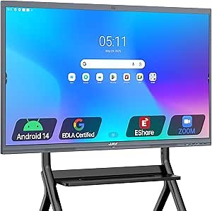 JAV Smart Board Interactive Whiteboard for Classroom Office Home, 4K UHD 8+128GB Touchscreen Smartboard with Built-in EDLA Licensed Android OS & Open App Ecosystem, Wi-Fi & Bluetooth