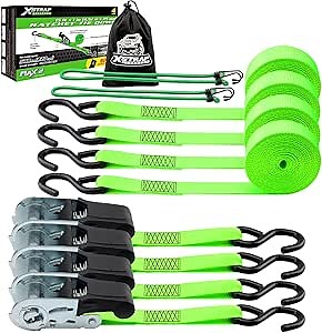 XSTRAP STANDARD Ratchet Tie Down Straps 4Pk 15Ft 1500Lb Break Strength, Cargo Straps for Moving Appliances, Lawn Equipment, Motorcycle, Includes 2 Bungee Cord
