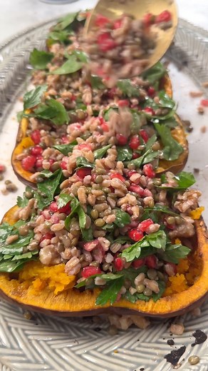 SAVE my STUFFED HONEYNUT SQUASH recipe for a weeknight vegetarian/vegan dinner or THE perfect THANSGIVING side dish. I’ve provided vegan swaps below. Squash 2 honeynut squash or 2 small butternut squash 1 tbsp olive oil 1 tbsp honey or maple syrup 1/4 tsp salt Dressing 1/3 cup olive oil 1 small blood orange, or regular orange juiced 1.5 tbsp hot, regular honey or maple syrup 2 tbsp white wine vinegar 1/2 tsp dijon mustard 1/2 tsp cumin 1/4 tsp salt Filling: 1 cup cooked faro, quinoa, or cous cou
