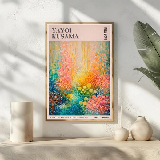 Yayoi Kusama Exhibition Poster, Pastel Polka Dot Art Print, Japanese Museum Wall Art, Whimsical Mushroom Decor, Colorful Abstract Landscape - Etsy