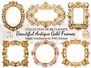 20 Beautiful Antique Gold Frames Clipart Collection With Free Commercial License • Rococo and Baroque Golden Clip Art for Vintage Designs - Etsy