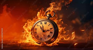 Pocket watch in fire and smoke, creating a sense of burnt time against a dark background. Generative AI
