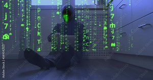 Matrix video effect, binary code instead of face of hooded programmer sitting on floor with laptop. Abstract, screen-filling green symbols. Concept of cyber security, end of system hacking, internet