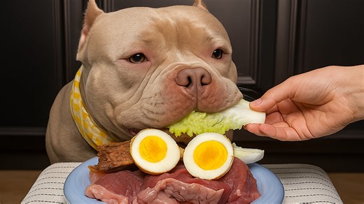 Dog eating lettuce with meat and eggs