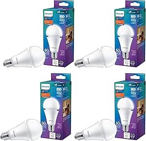 PHILIPS LED 60W A21 4-Pack Battery Backup Soft White (2700K) 800 Lumen (8W = 60W) Frosted Flicker-Free Light Bulbs