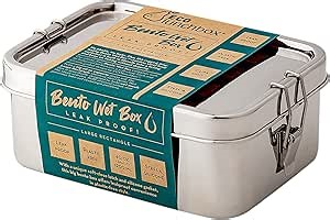 ECOlunchbox Bento Wet Box (Large Rectangle, 40 oz) – Leak Proof Stainless Steel Lunch Container with Soft Close Clips & Removable Silicone Gasket – Plastic Free, Dishwasher & Oven Safe
