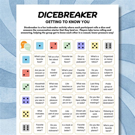 Icebreaker Game, Printable Dicebreaker Game, Dice Get to Know You Game, Easy Party Starter Game, Team Icebreaker Game, Office Party Game - Etsy