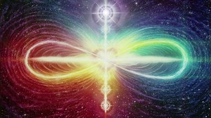 The sign of infinity made of colorful energy in space, including the seven chakras in it
