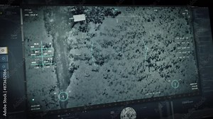 High Tech Army Weapon Interface Tracking Location Of Enemy Combat Tank On Battlefield. Military Weapon Hud Searching Combat Zone For Enemy Armored Tank. Rocket Weapon Explodes Combat Tank. Warfare