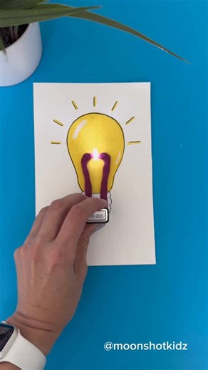 DIY electronics, stem and science activities for beginners on Instagram: "DIY “Lightbulb” interactive light-up card. Easy and fun paper squishy circuit project for beginners. You will need: - LED diode - Play-Dough - 9V battery - Paper - Markers Warning: this project should be done under adult supervision. ©️ @Moonshotkidz – All rights reserved. Reproduction, distribution, or use of this artwork and video without permission is prohibited. For licensing inquiries, contact Moonshotkidz@gmail.com"